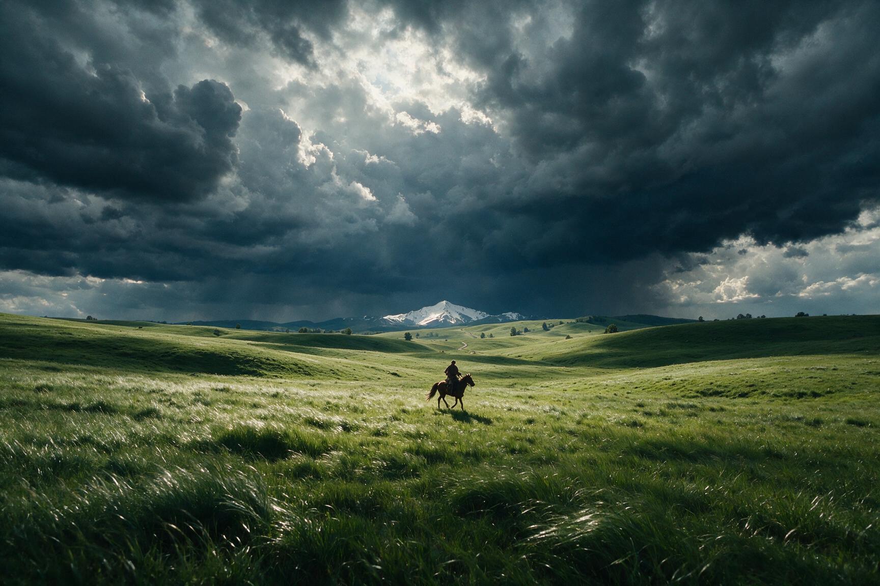 An image generated with Seedream 5 Pro — a lone rider crossing a green valley under a storm sky