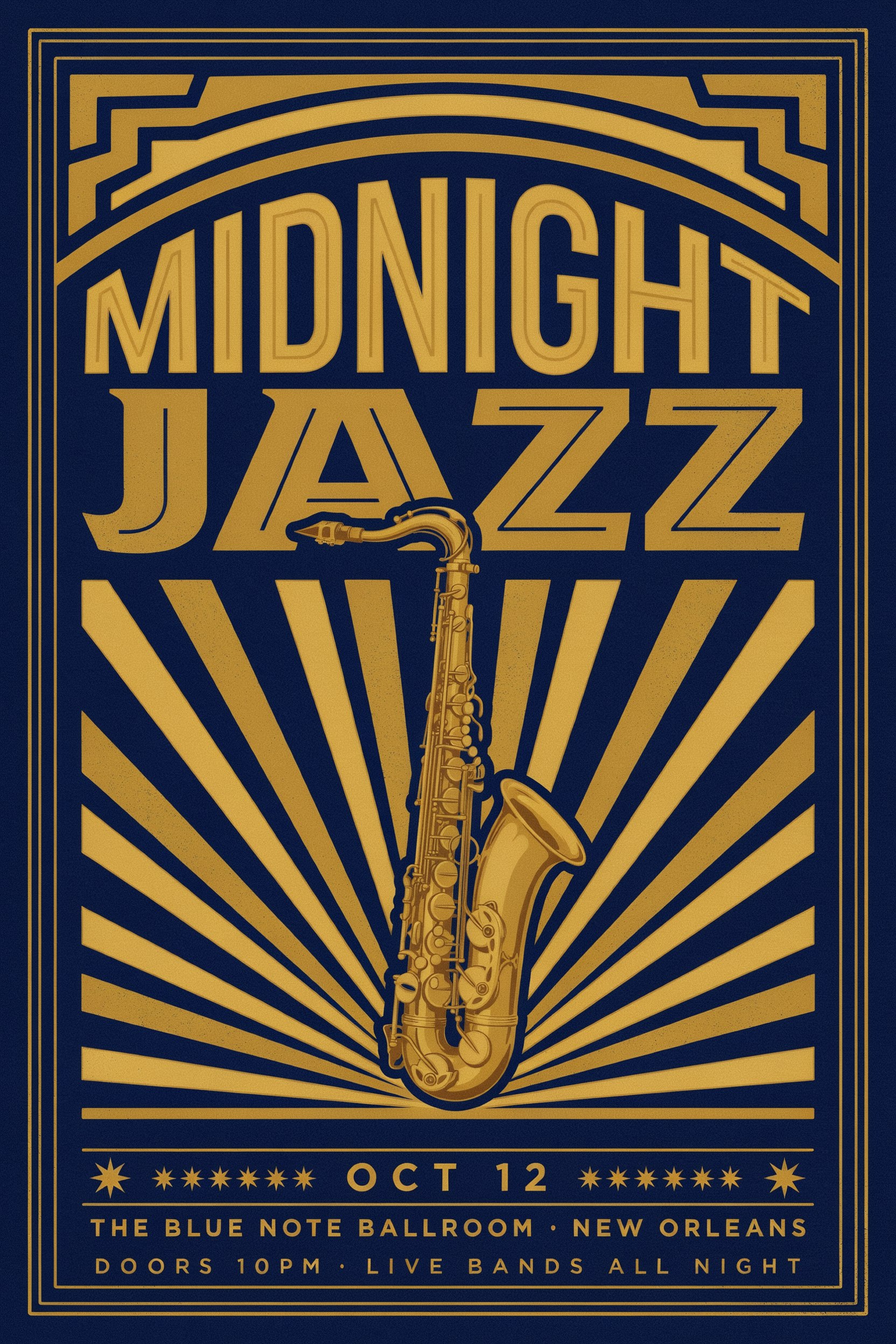 A poster generated with Ideogram V4 — art-deco Midnight Jazz artwork with legible gold typography